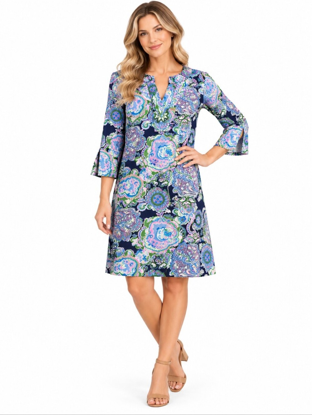 Jude Connally Womens Mini Dress Paisley V Neck Size Large Blue Pink Stretchy